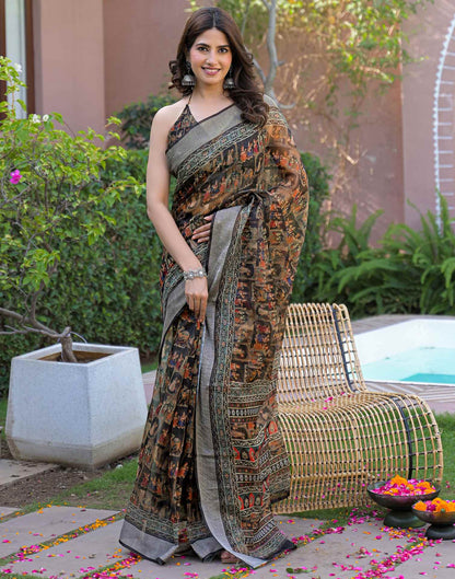 Ready To Wear Black Linen Printed Embroidery Border Saree