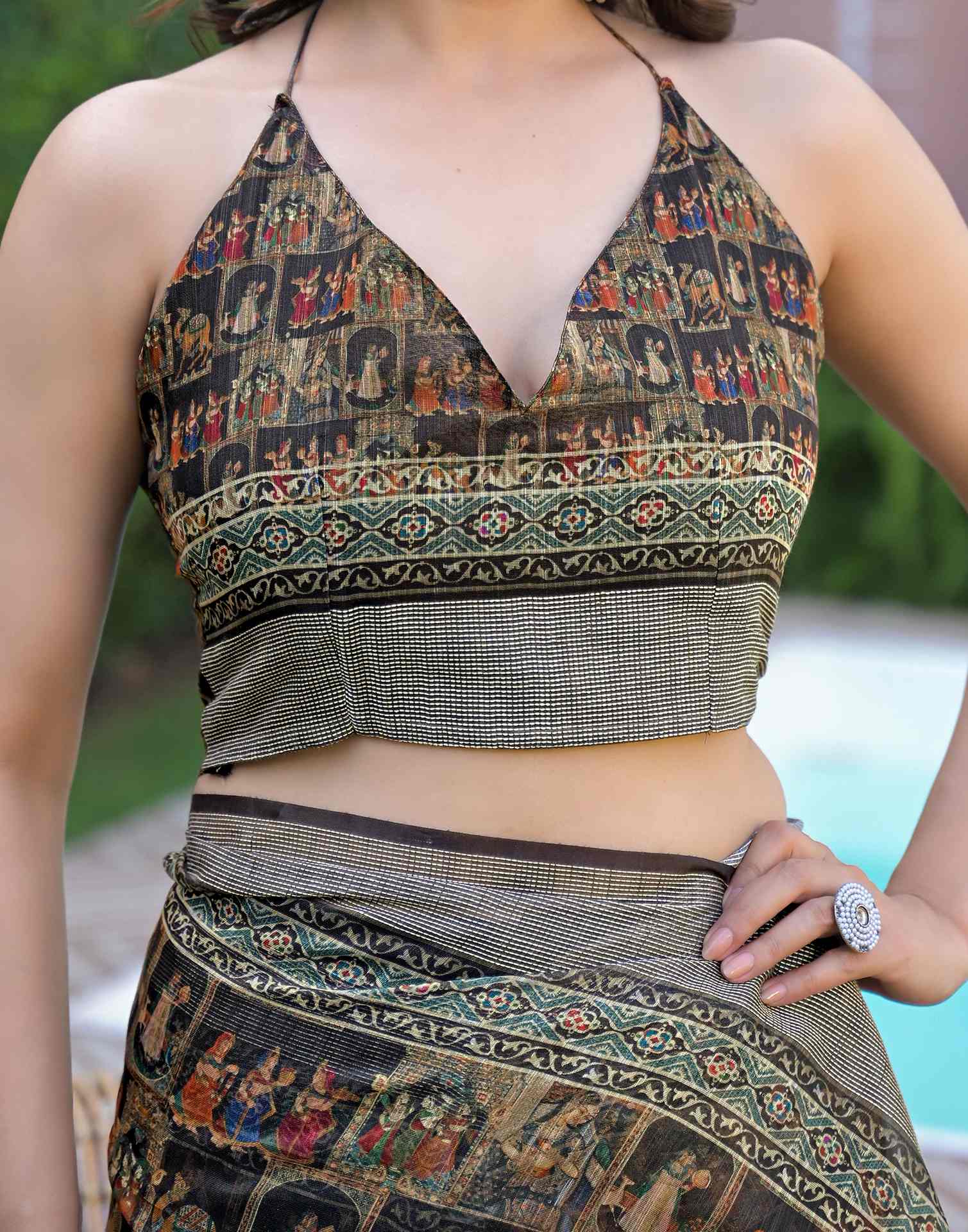 Ready To Wear Black Linen Printed Embroidery Border Saree
