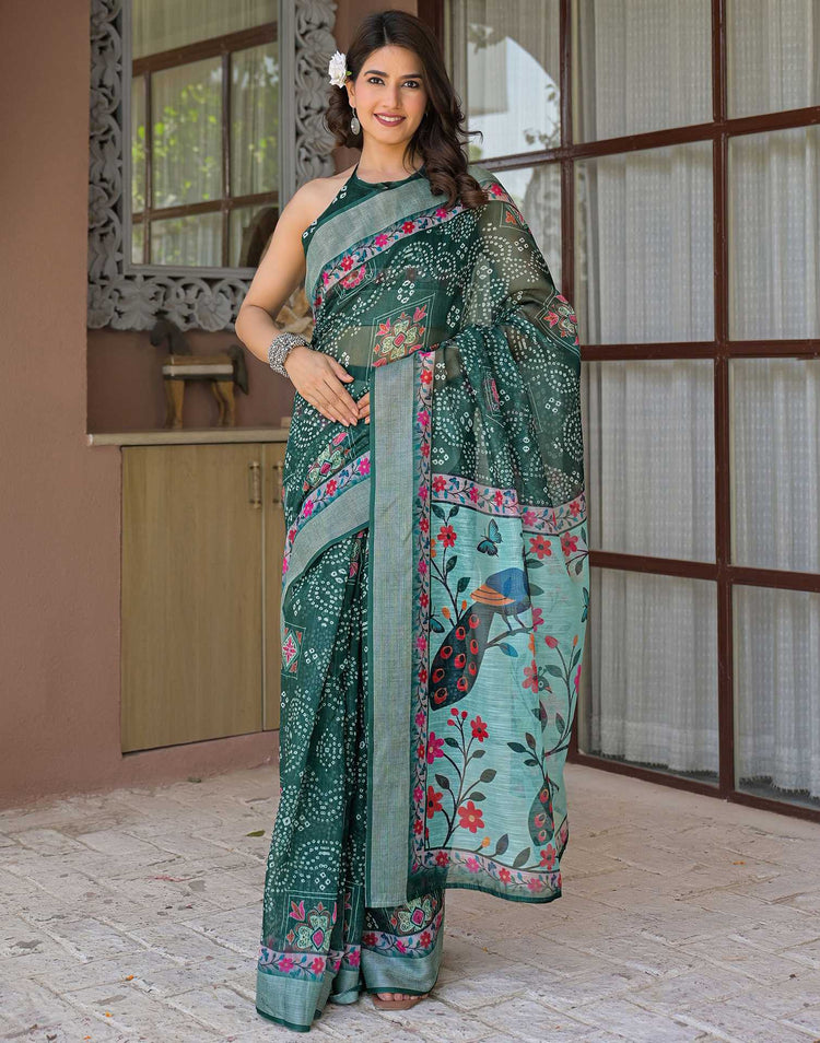 Ready To Wear Dark Green Linen Printed Embroidery Border Saree