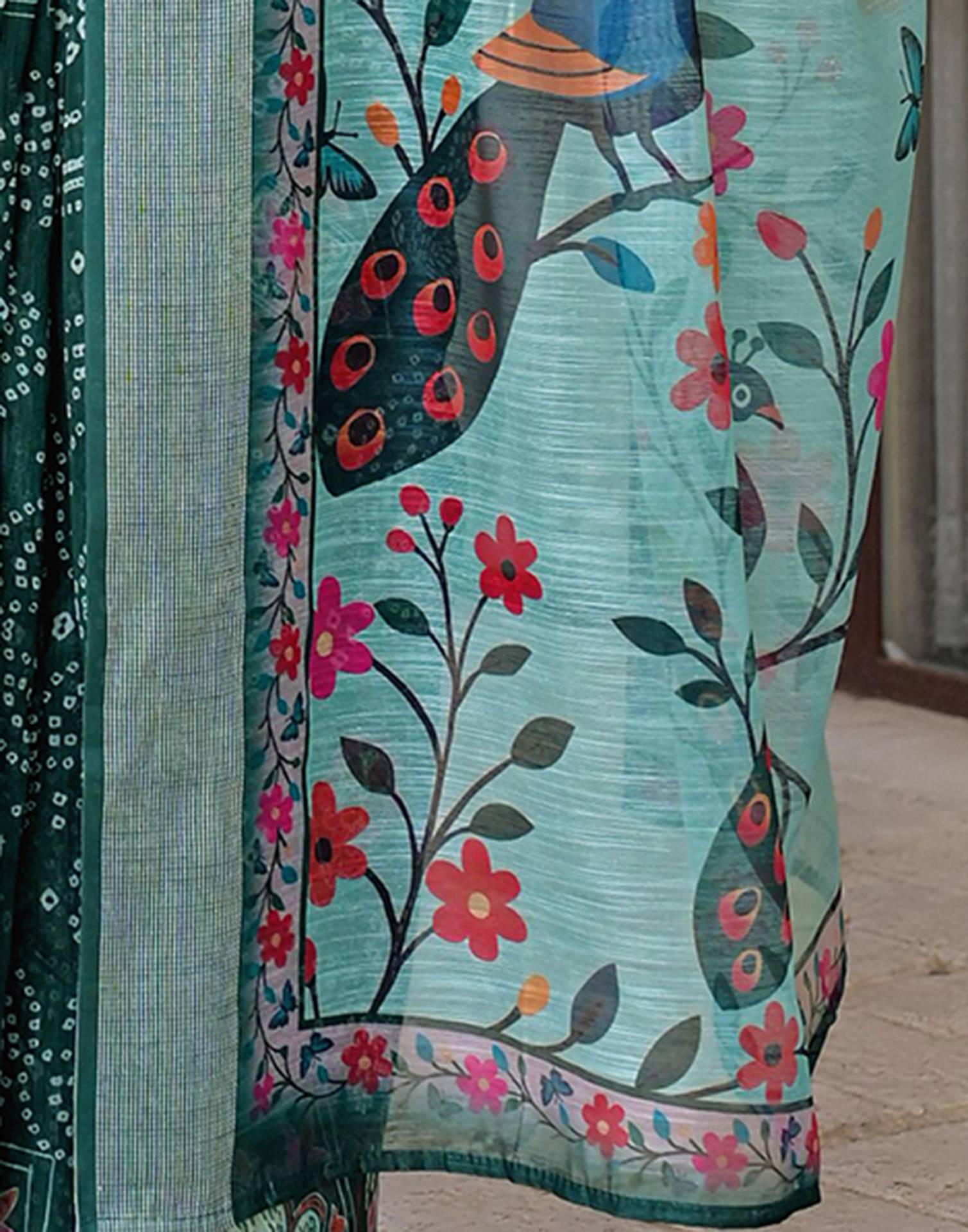 Ready To Wear Dark Green Linen Printed Embroidery Border Saree