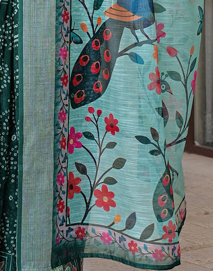 Ready To Wear Dark Green Linen Printed Embroidery Border Saree