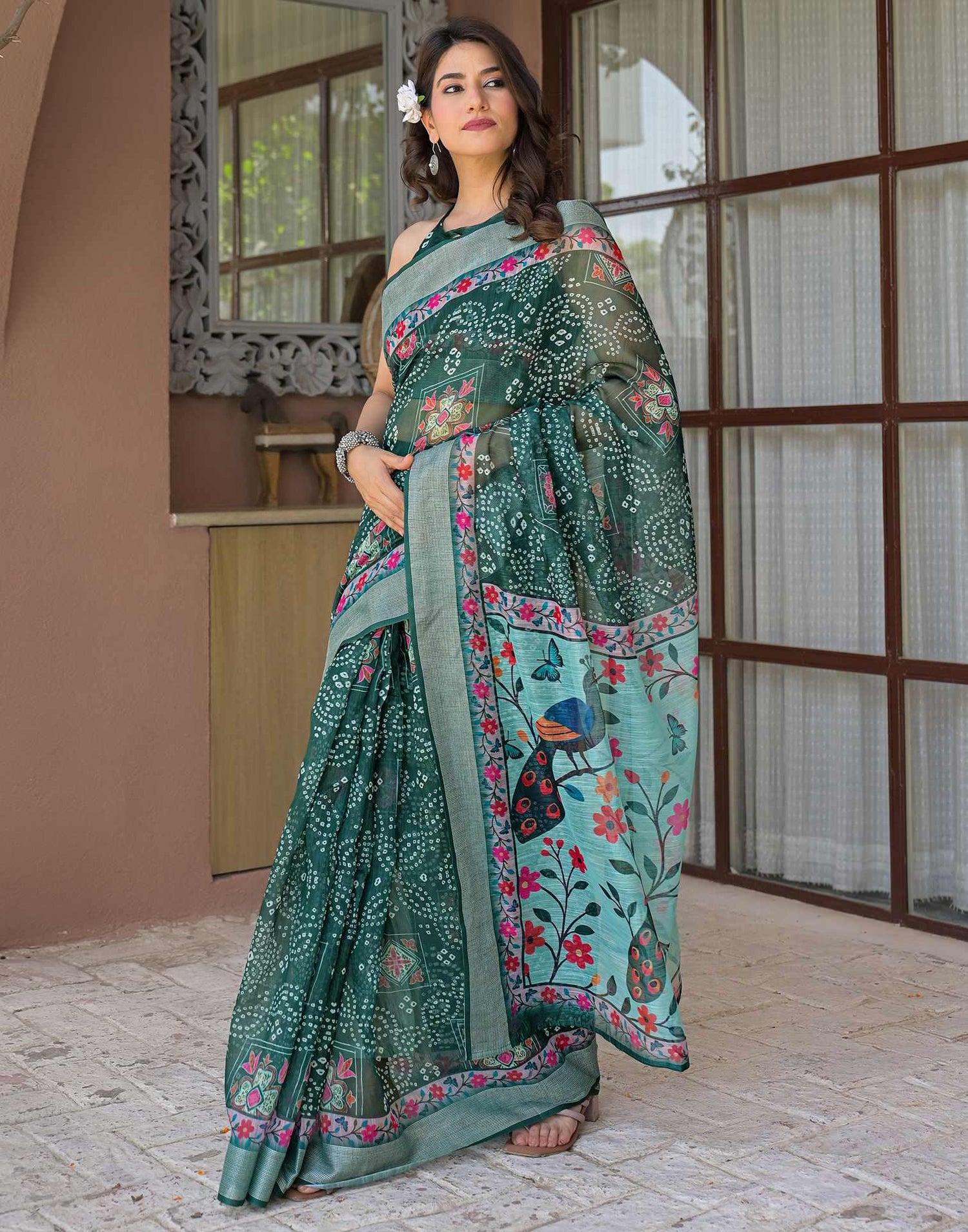 Ready To Wear Dark Green Linen Printed Embroidery Border Saree