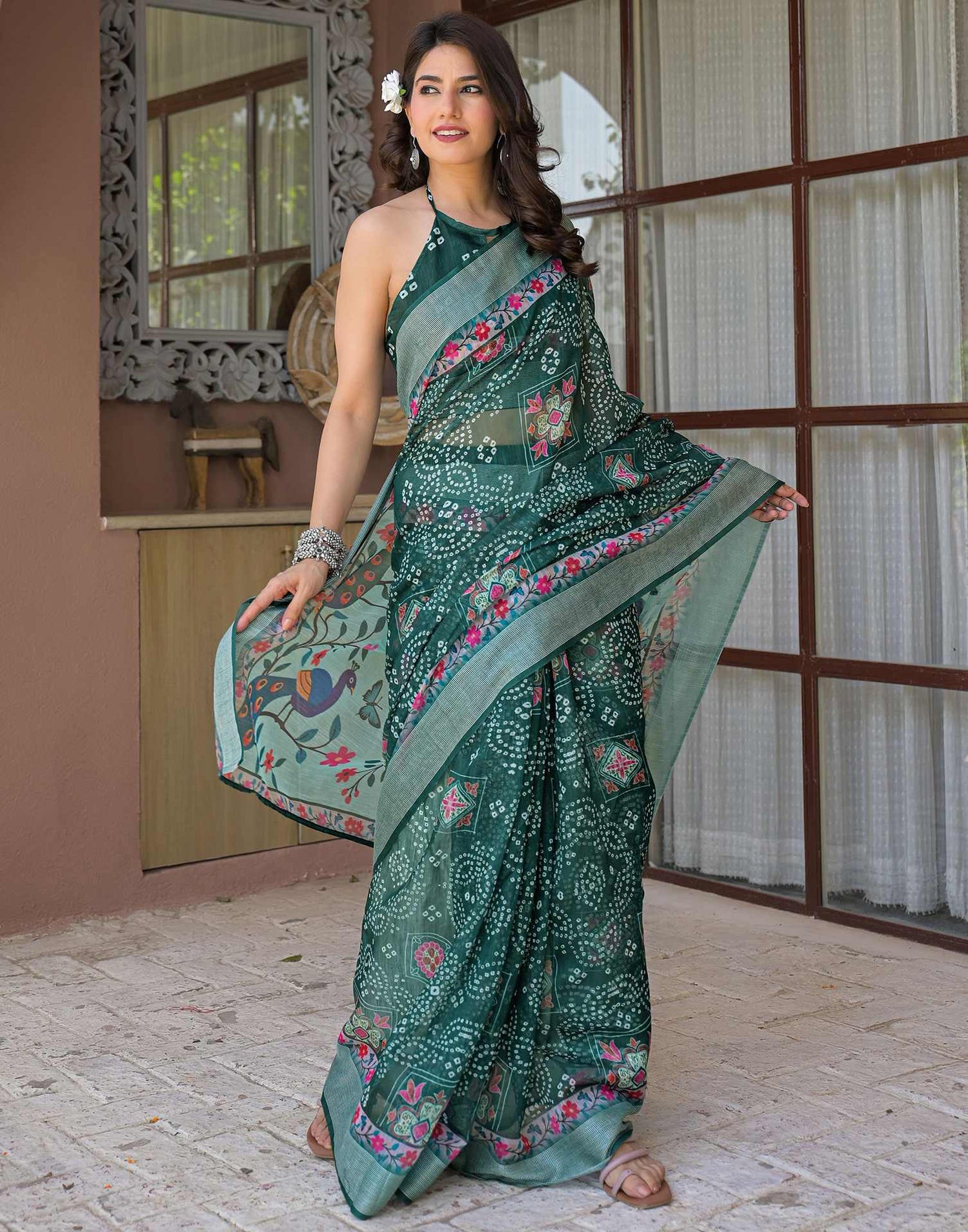 Ready To Wear Dark Green Linen Printed Embroidery Border Saree
