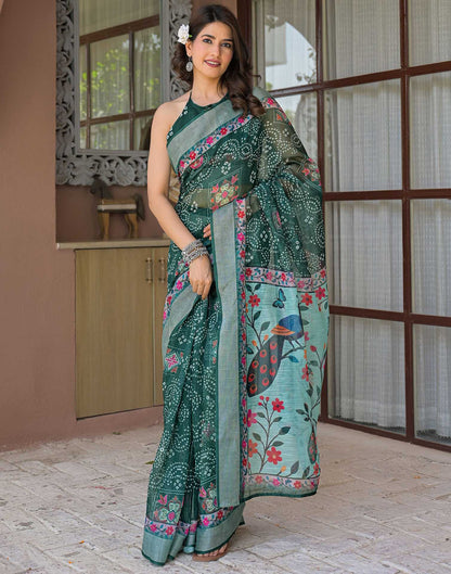 Ready To Wear Dark Green Linen Printed Embroidery Border Saree