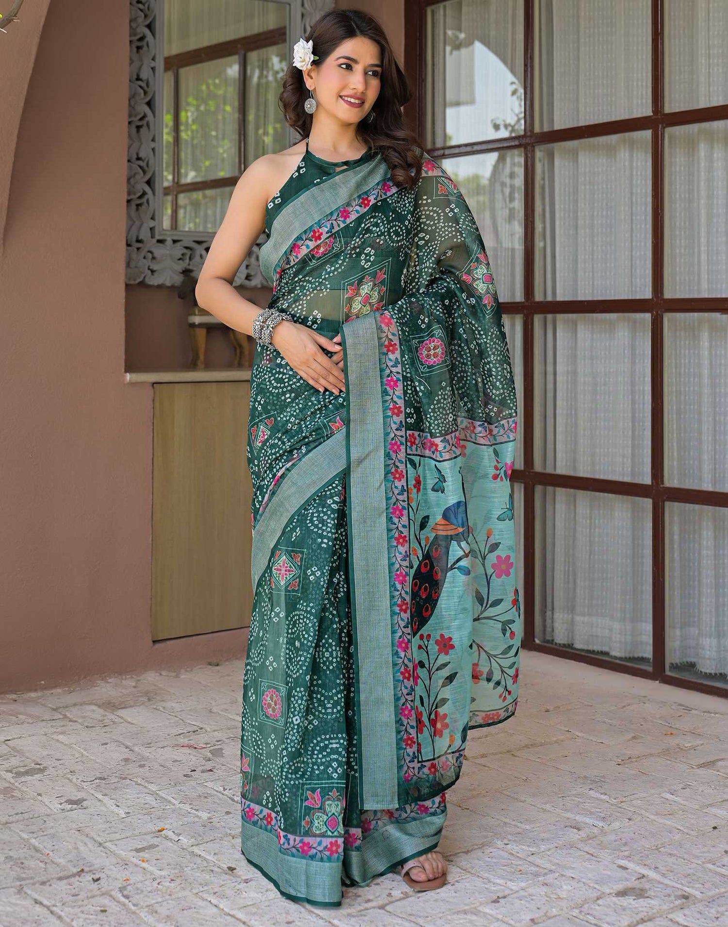 Ready To Wear Dark Green Linen Printed Embroidery Border Saree