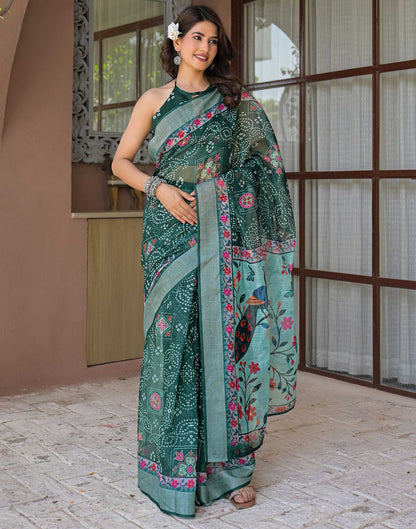 Ready To Wear Dark Green Linen Printed Embroidery Border Saree
