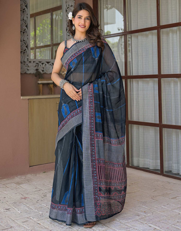 Ready To Wear Navy Blue Linen Printed Embroidery Border Saree