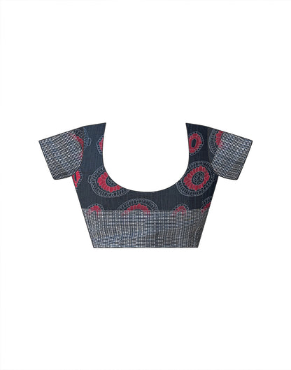 Ready To Wear Navy Blue Linen Printed Embroidery Border Saree