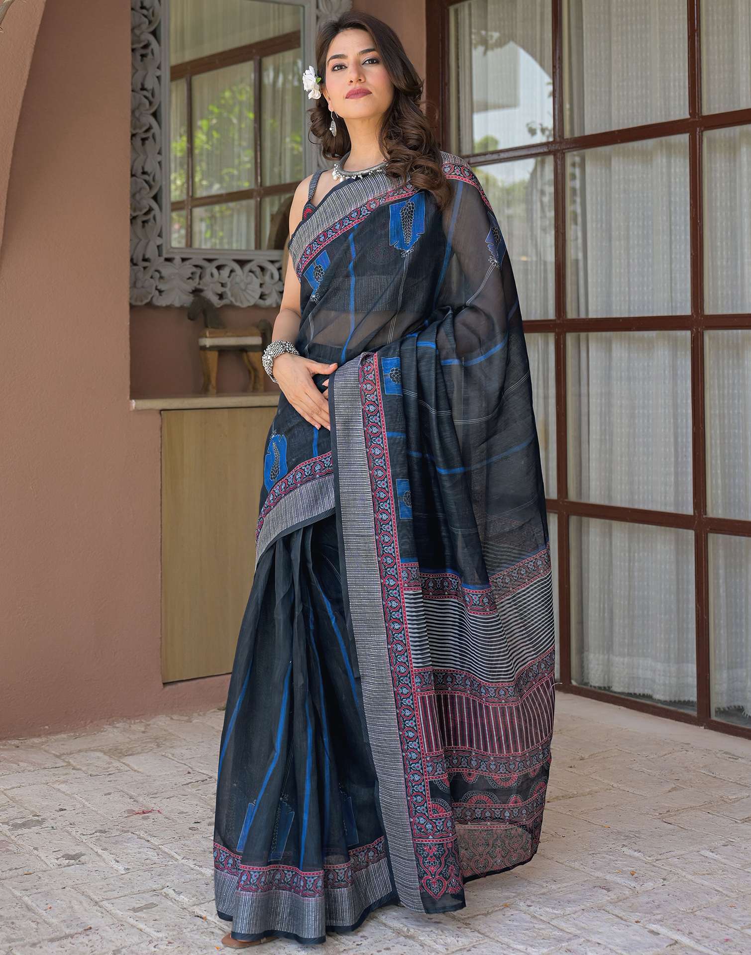 Ready To Wear Navy Blue Linen Printed Embroidery Border Saree