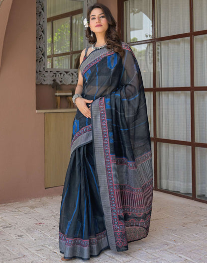 Ready To Wear Navy Blue Linen Printed Embroidery Border Saree
