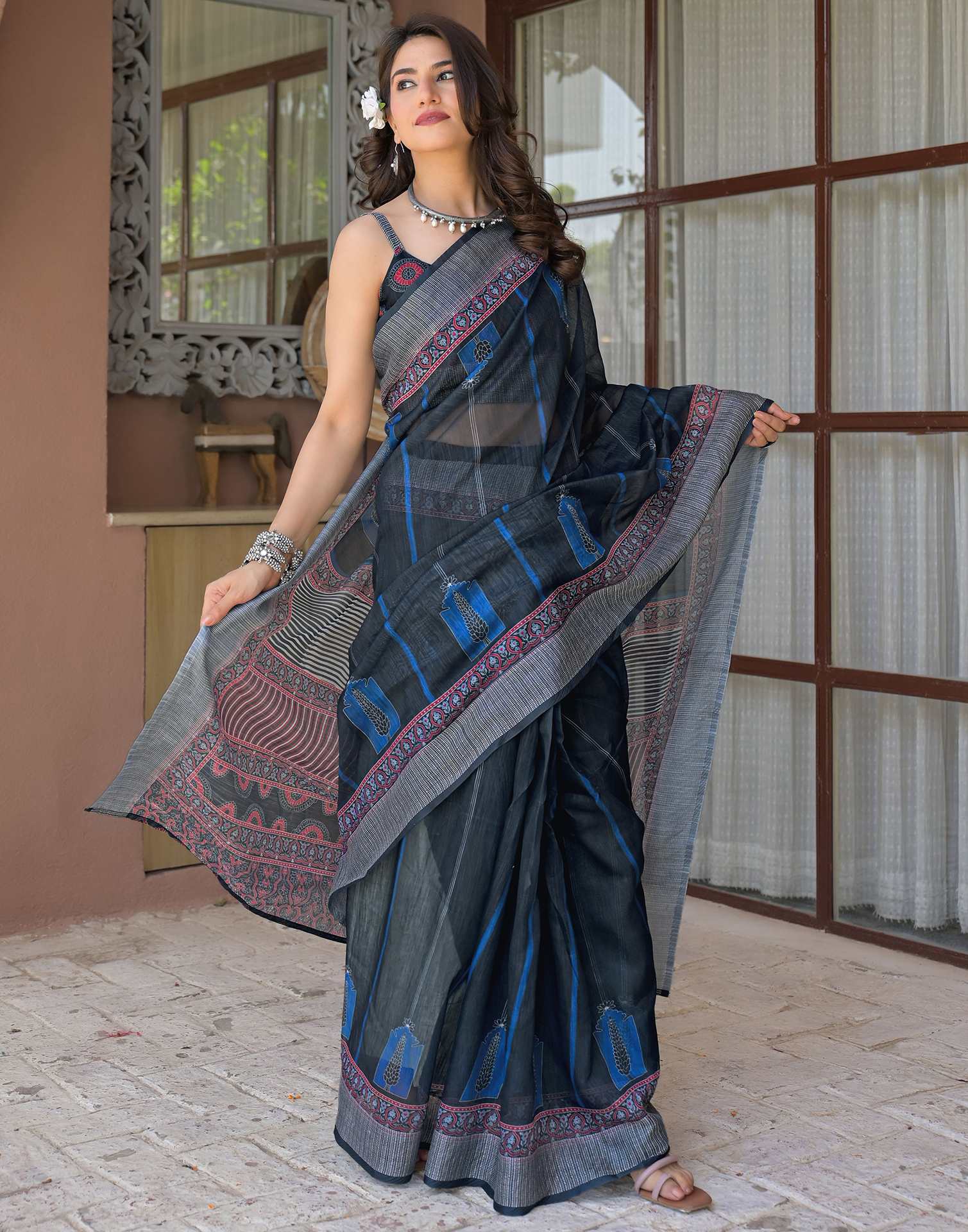 Ready To Wear Navy Blue Linen Printed Embroidery Border Saree