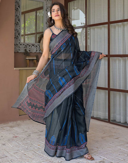 Ready To Wear Navy Blue Linen Printed Embroidery Border Saree