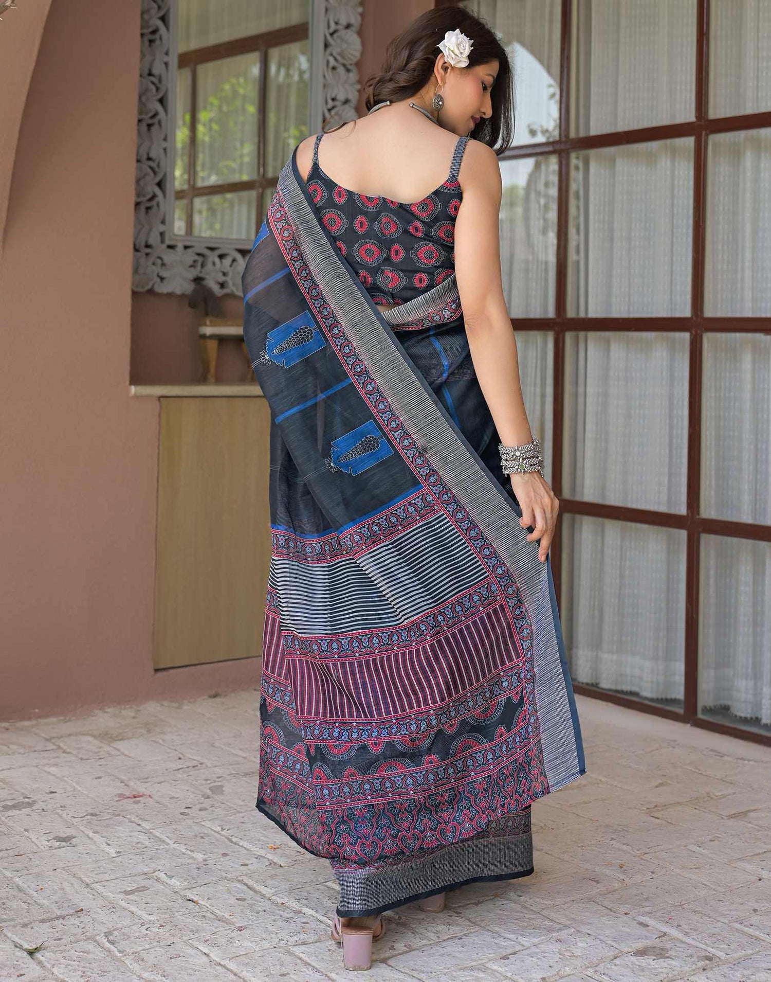 Ready To Wear Navy Blue Linen Printed Embroidery Border Saree