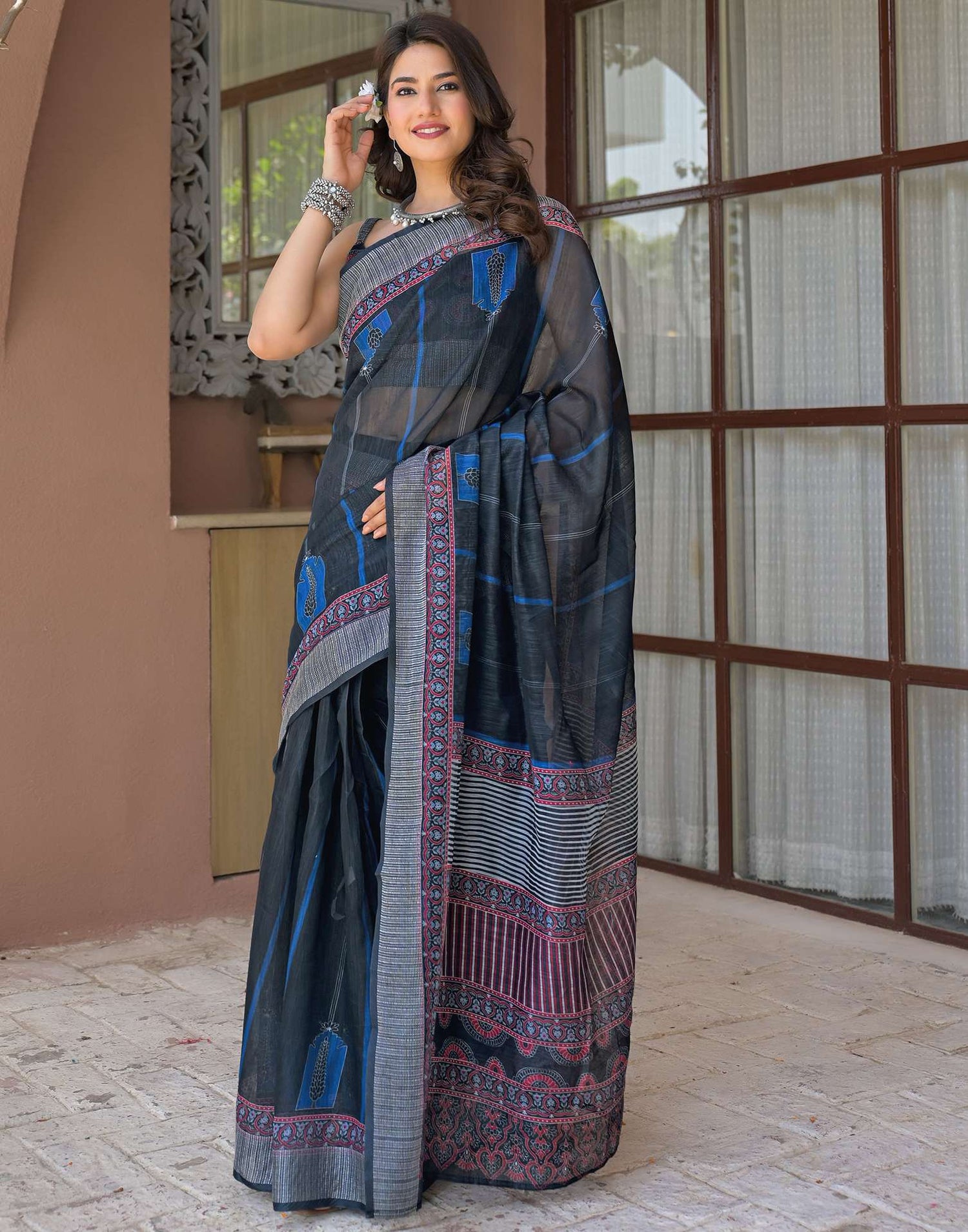 Ready To Wear Navy Blue Linen Printed Embroidery Border Saree