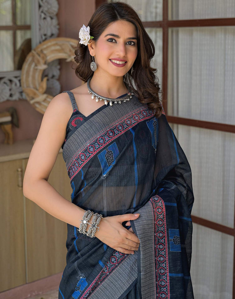 Ready To Wear Navy Blue Linen Printed Embroidery Border Saree
