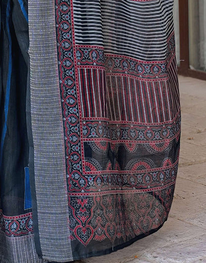 Ready To Wear Navy Blue Linen Printed Embroidery Border Saree
