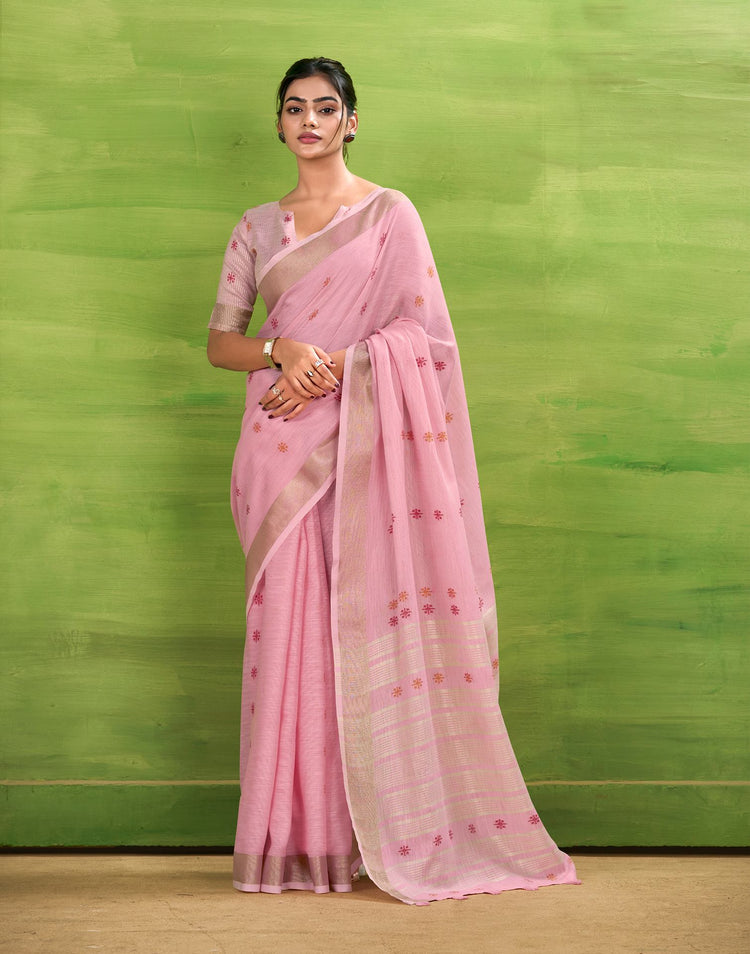 Light Pink Linen Silk Woven Printed Saree