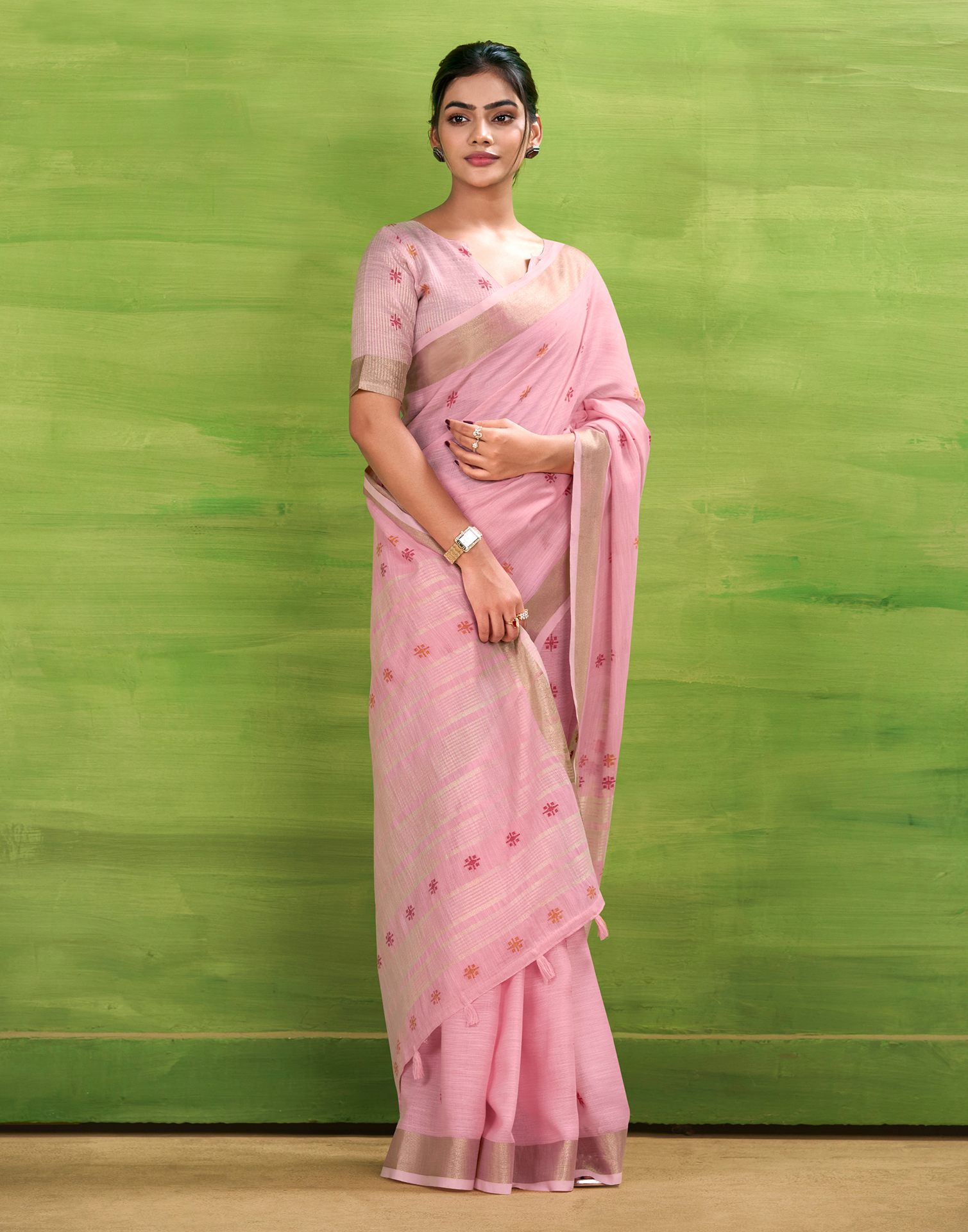 Light Pink Linen Silk Woven Printed Saree