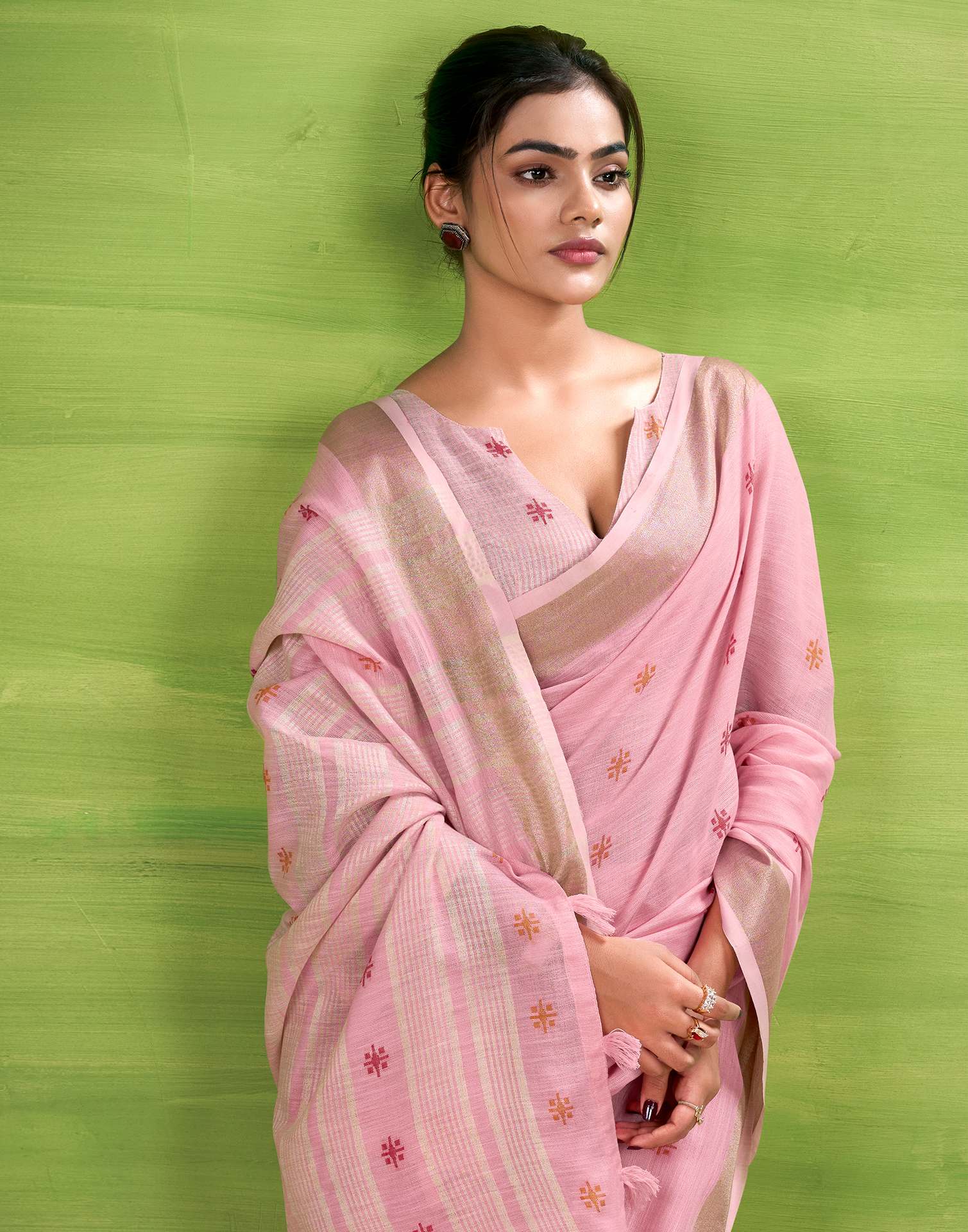 Light Pink Linen Silk Woven Printed Saree