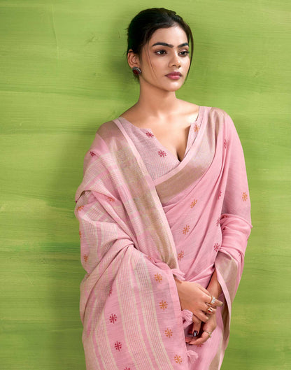 Light Pink Linen Silk Woven Printed Saree