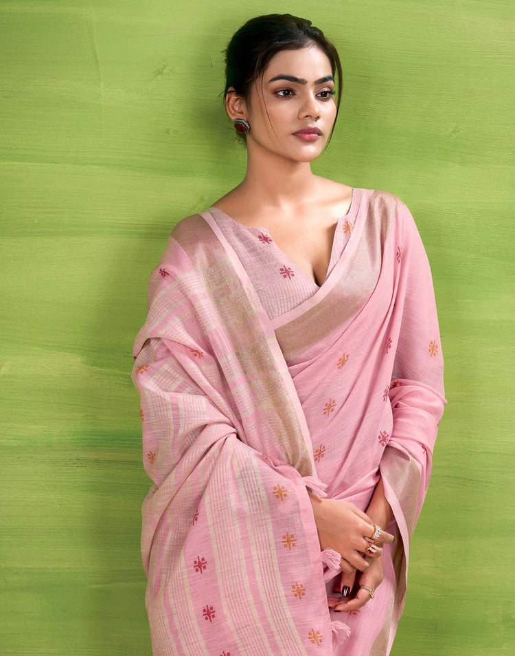Light Pink Linen Silk Woven Printed Saree
