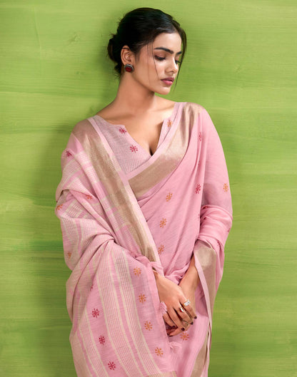 Light Pink Linen Silk Woven Printed Saree
