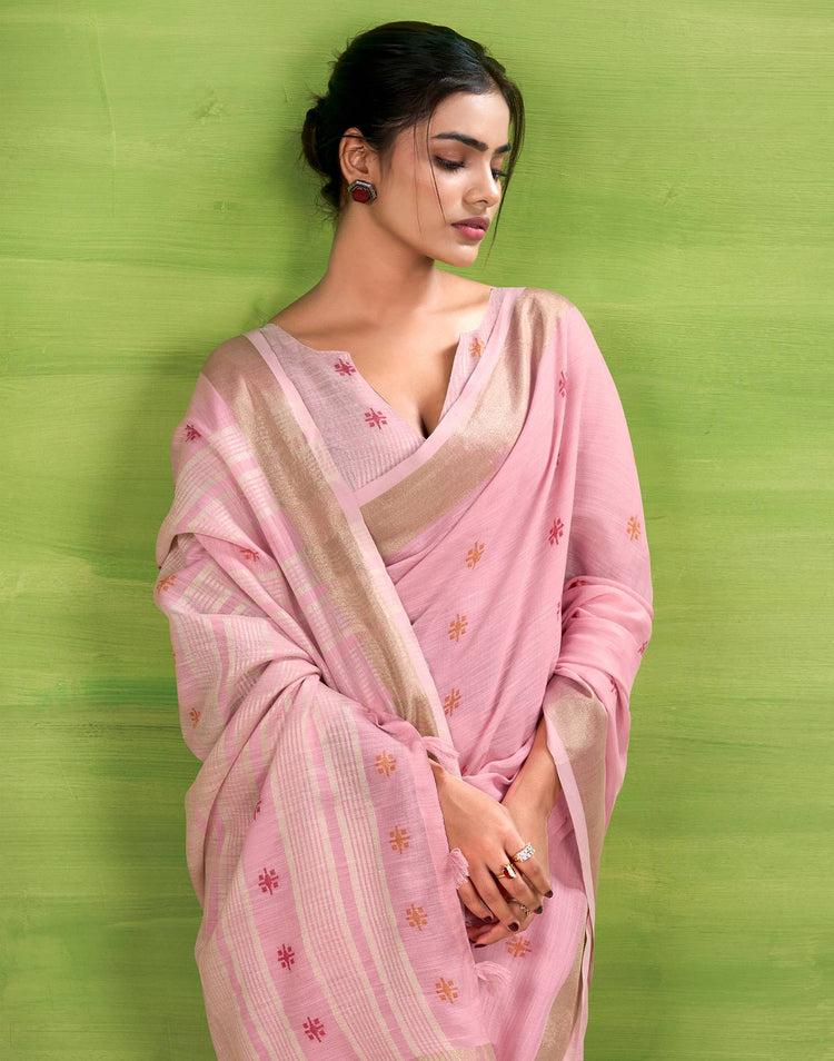 Light Pink Linen Silk Woven Printed Saree
