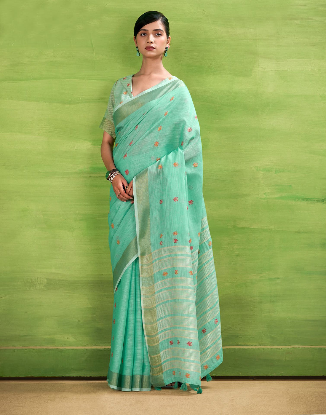 Mint Blue Linen Silk Woven Printed Saree