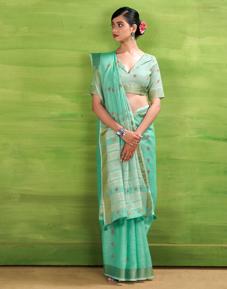 Mint Blue Linen Silk Woven Printed Saree