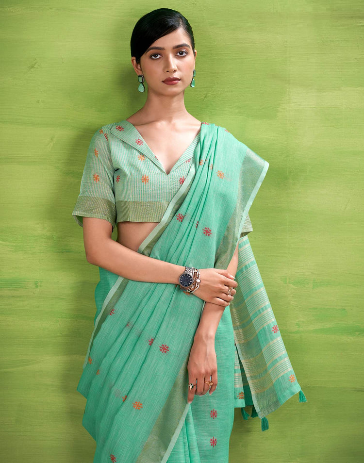 Mint Blue Linen Silk Woven Printed Saree