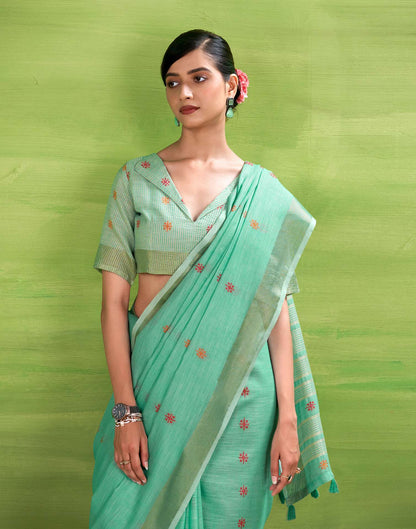 Mint Blue Linen Silk Woven Printed Saree