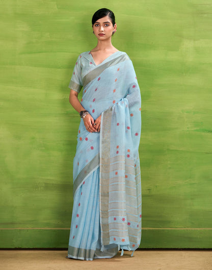 Light Blue Linen Silk Woven Printed Saree