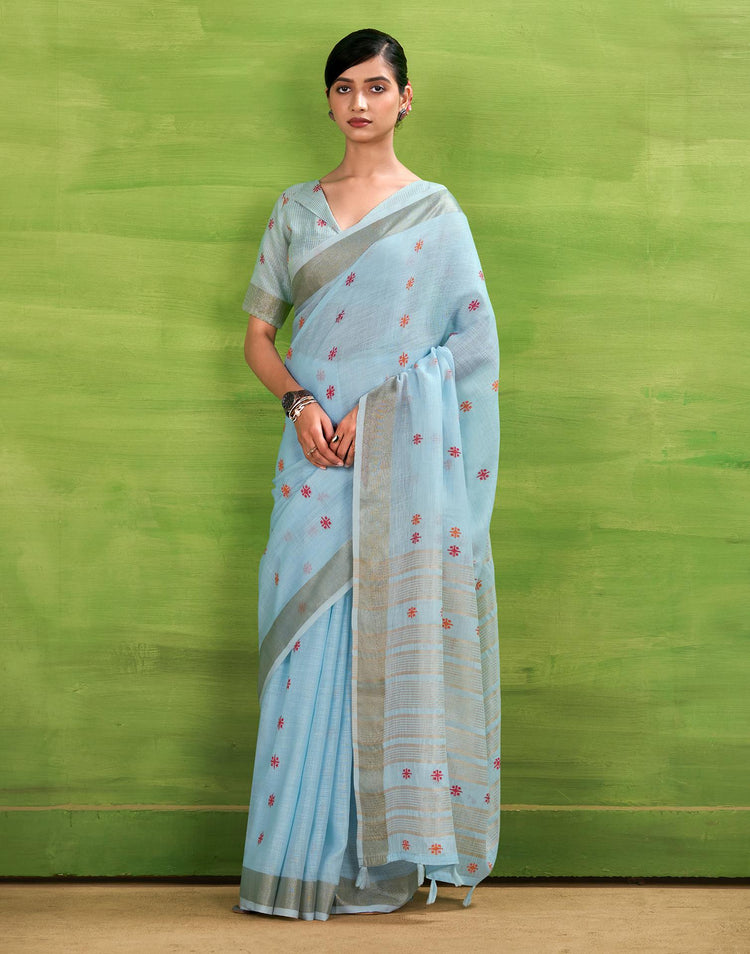 Light Blue Linen Silk Woven Printed Saree
