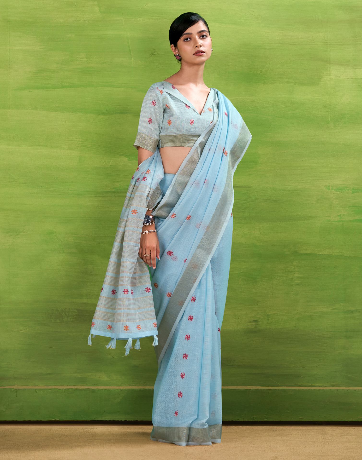 Light Blue Linen Silk Woven Printed Saree