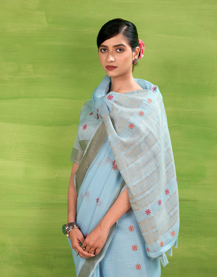 Light Blue Linen Silk Woven Printed Saree