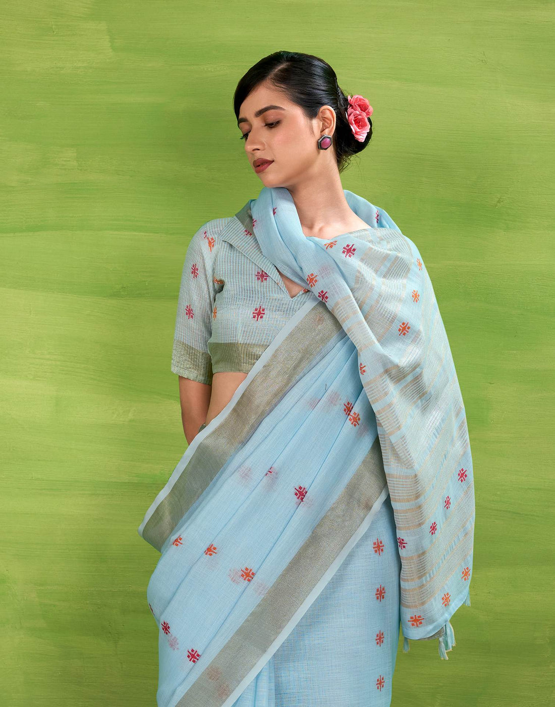 Light Blue Linen Silk Woven Printed Saree