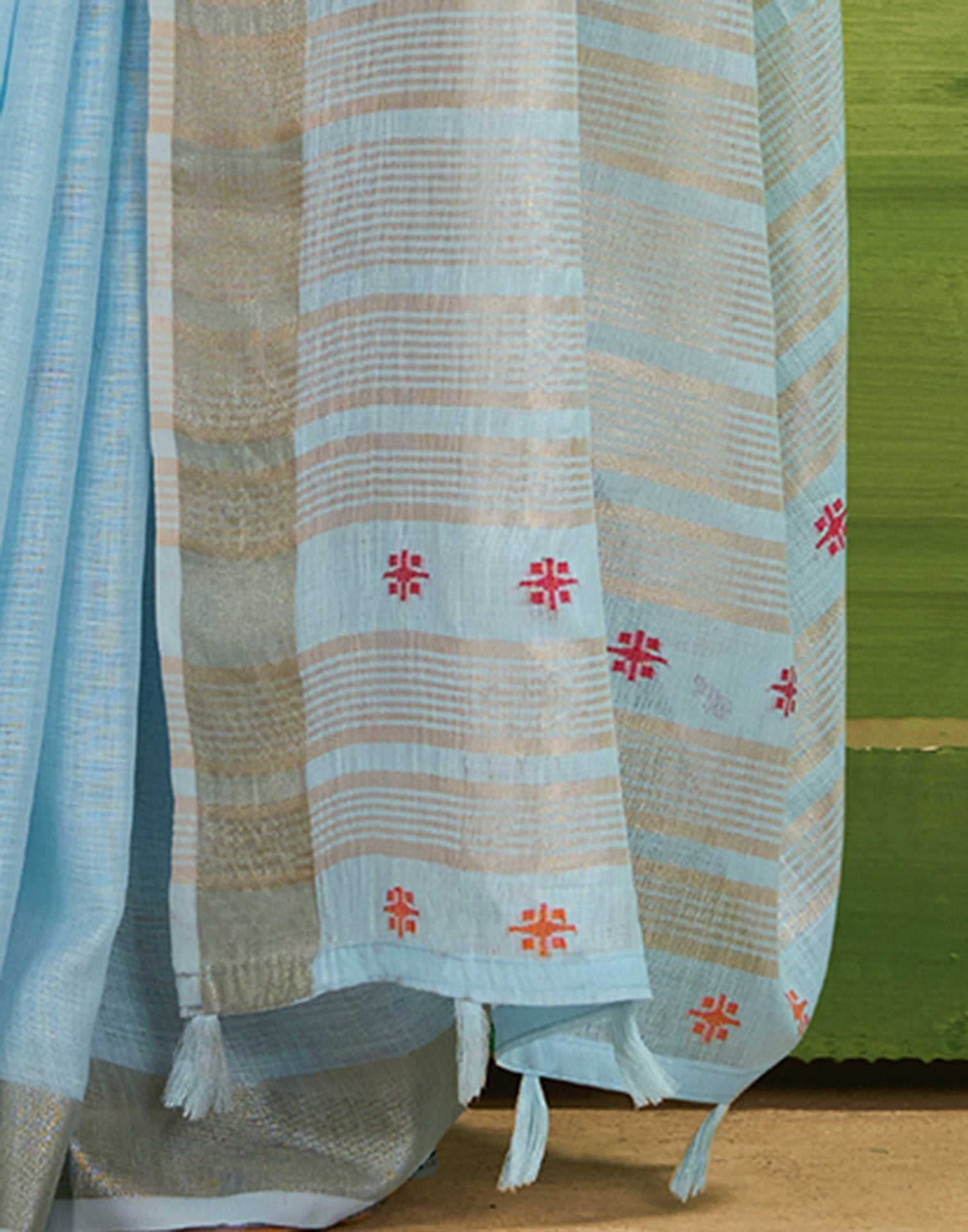 Light Blue Linen Silk Woven Printed Saree