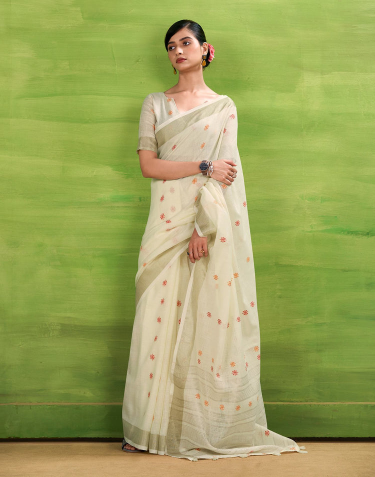 Off White Linen Silk Woven Printed Saree