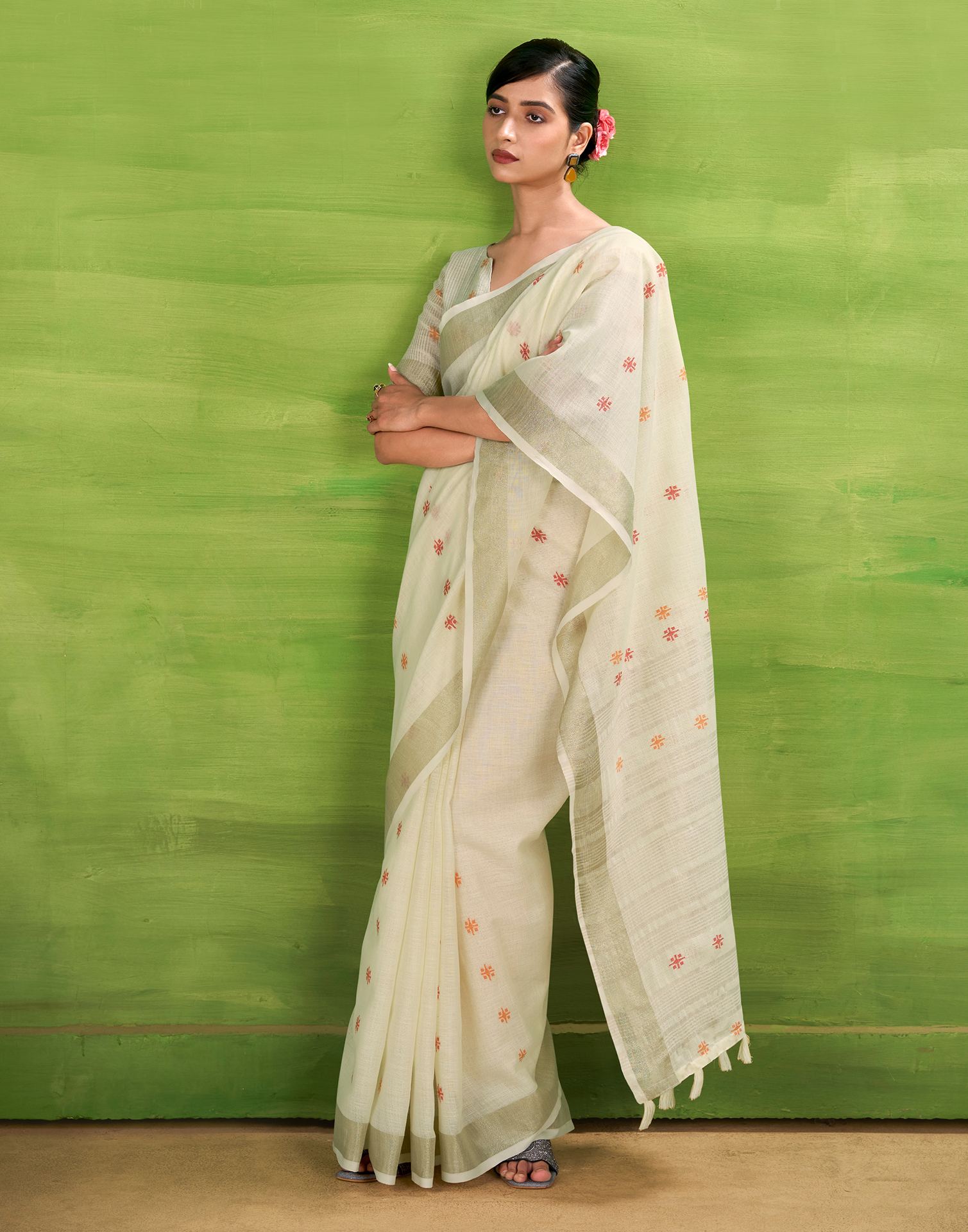 Off White Linen Silk Woven Printed Saree