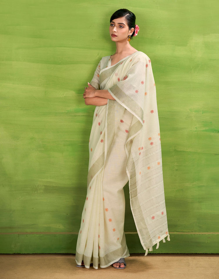 Off White Linen Silk Woven Printed Saree