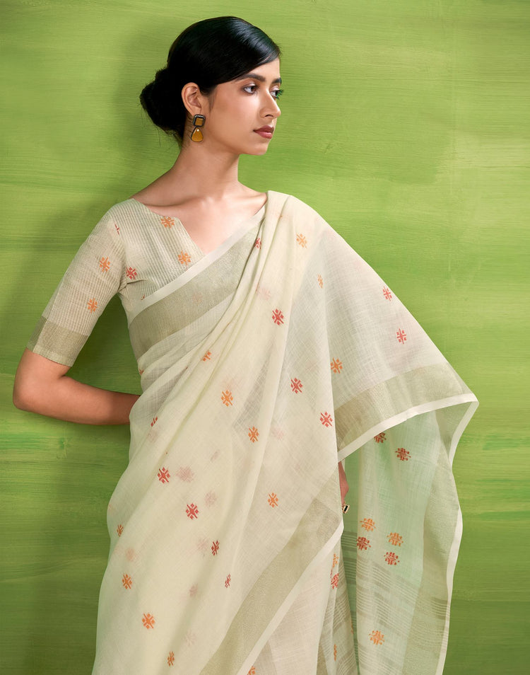 Off White Linen Silk Woven Printed Saree