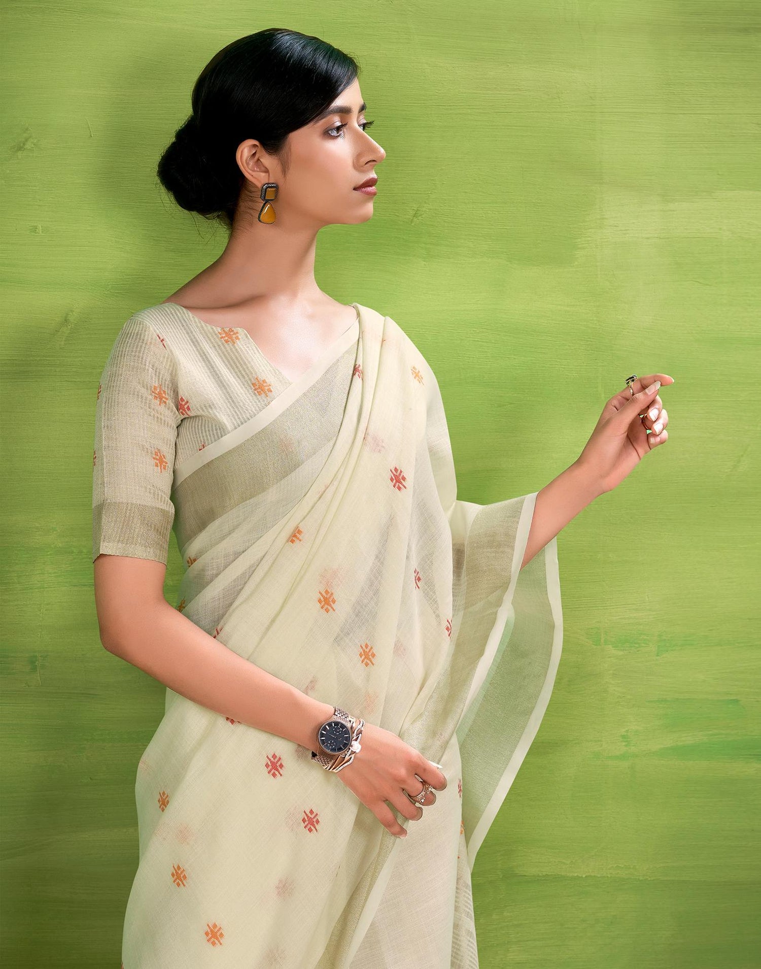 Off White Linen Silk Woven Printed Saree