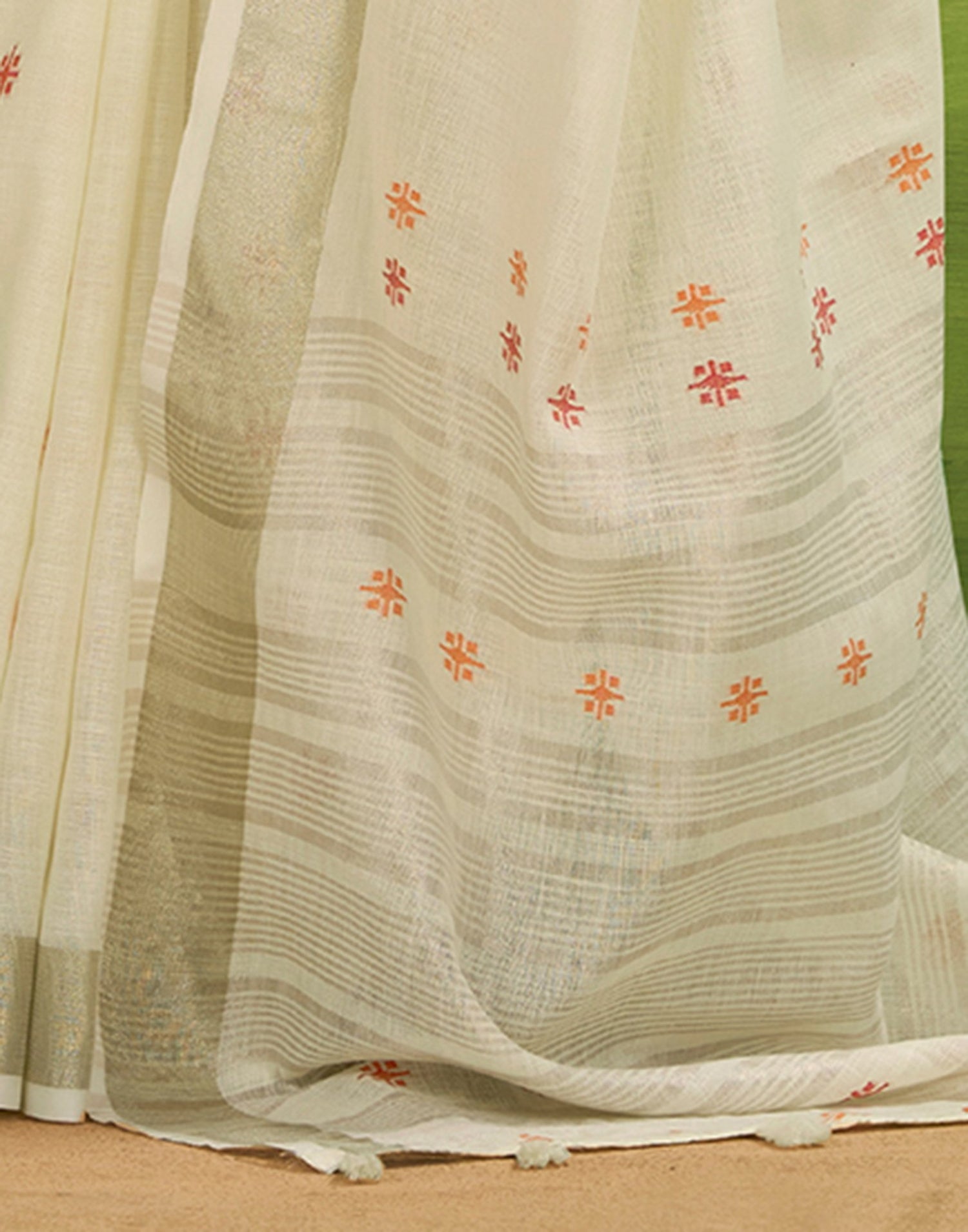 Off White Linen Silk Woven Printed Saree