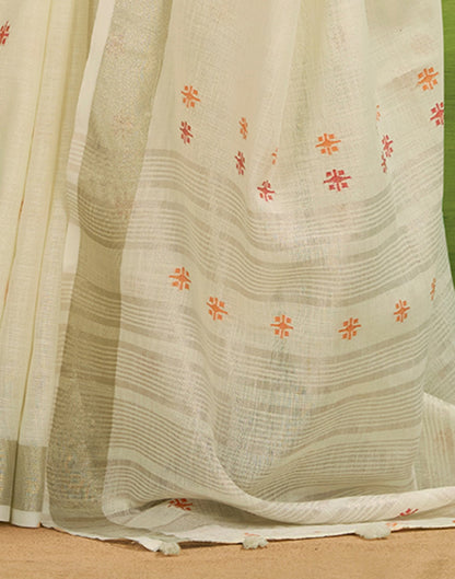Off White Linen Silk Woven Printed Saree