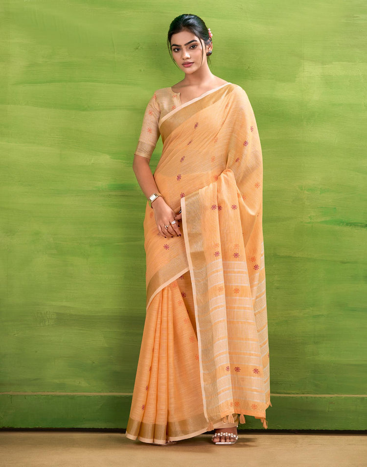 Light Orange Linen Silk Woven Printed Saree