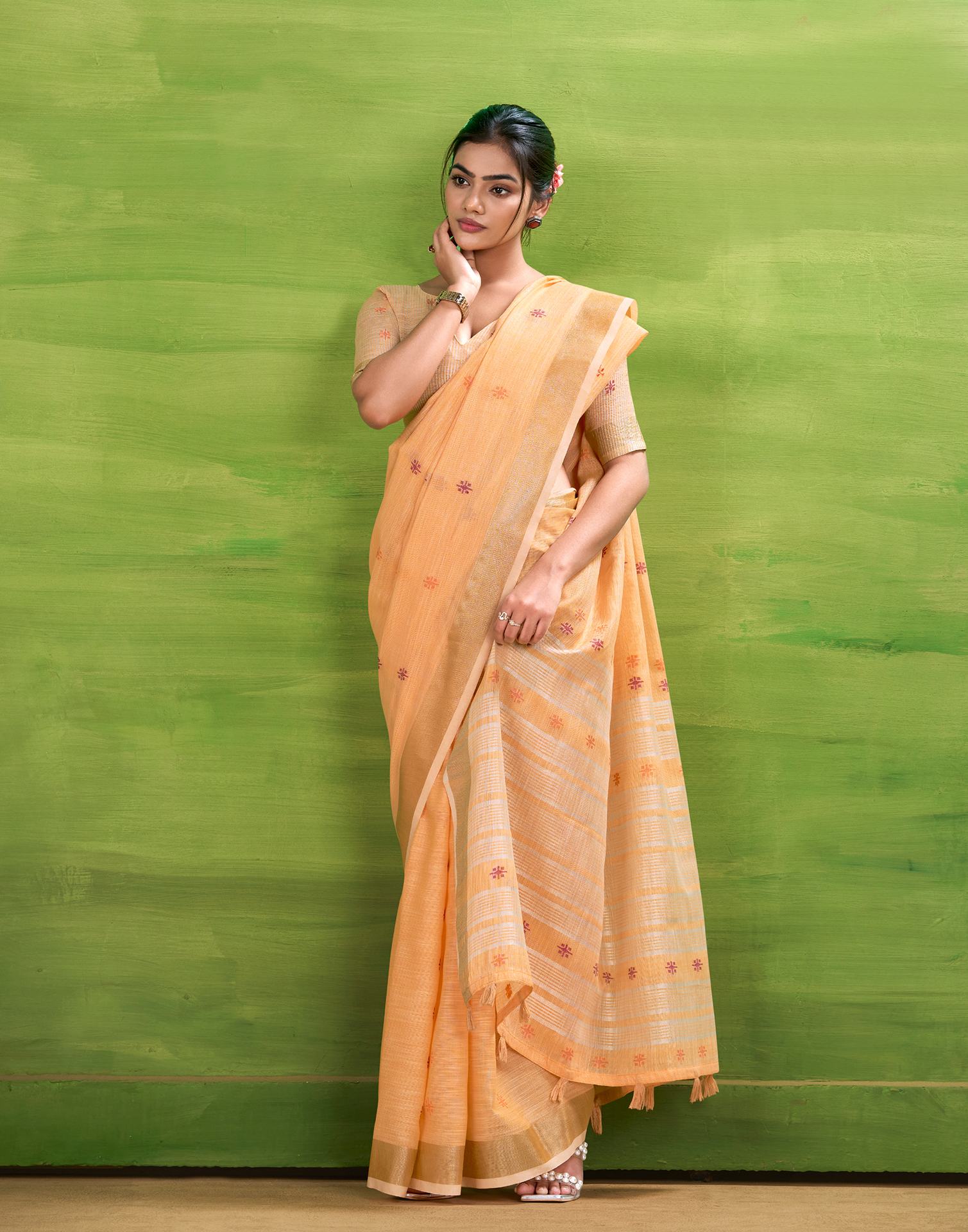 Light Orange Linen Silk Woven Printed Saree