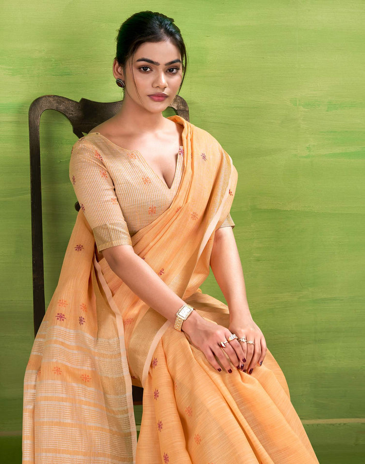 Light Orange Linen Silk Woven Printed Saree