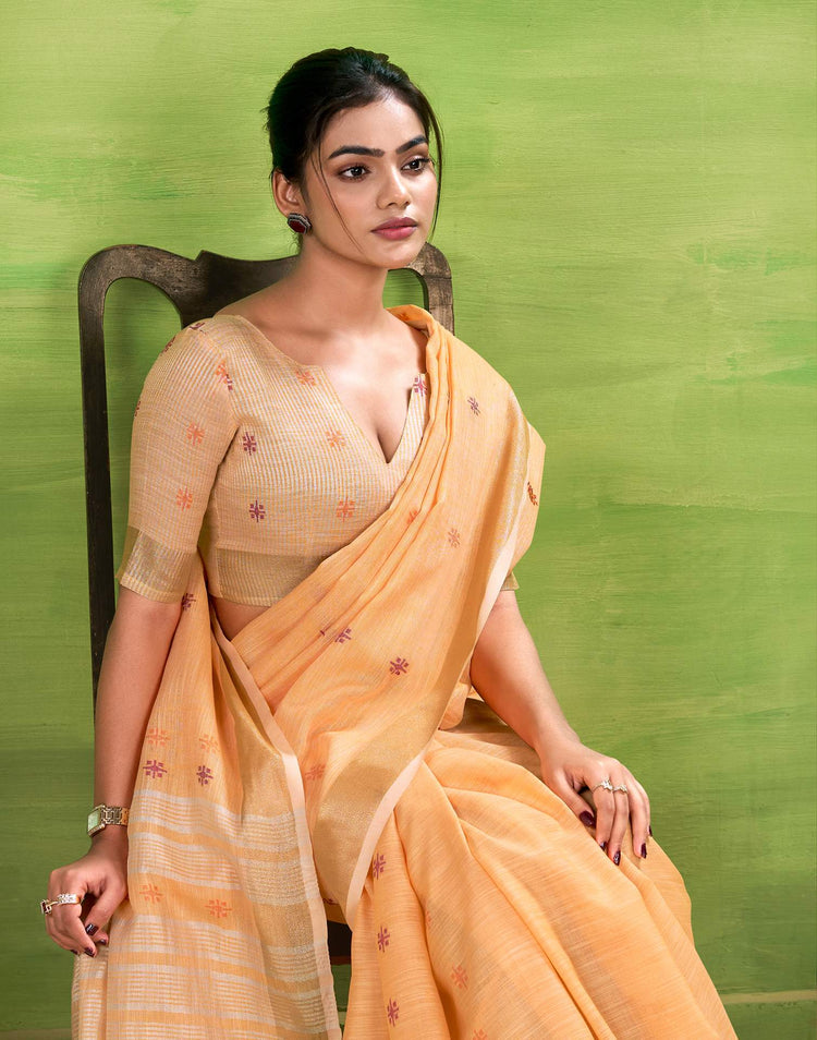 Light Orange Linen Silk Woven Printed Saree