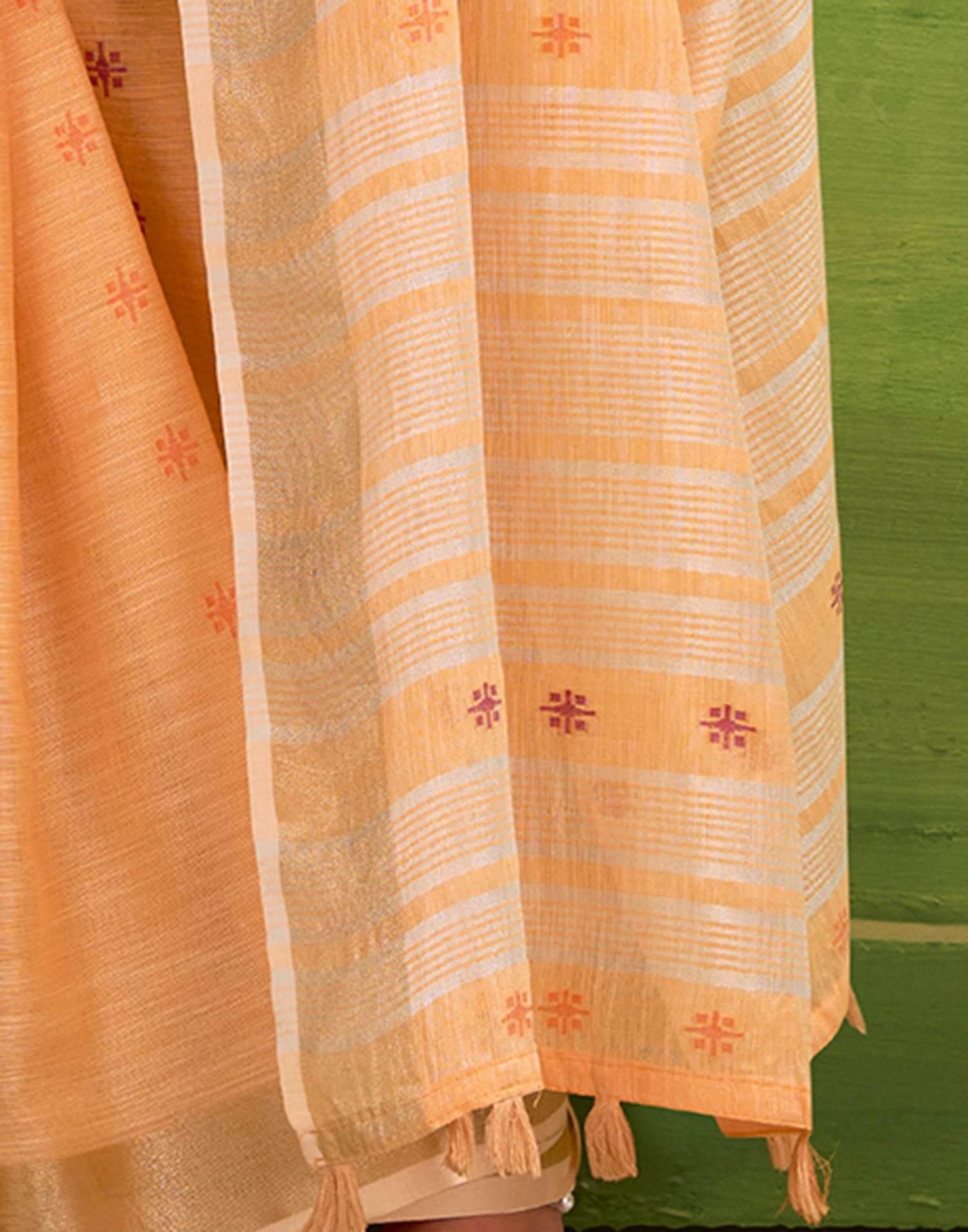 Light Orange Linen Silk Woven Printed Saree