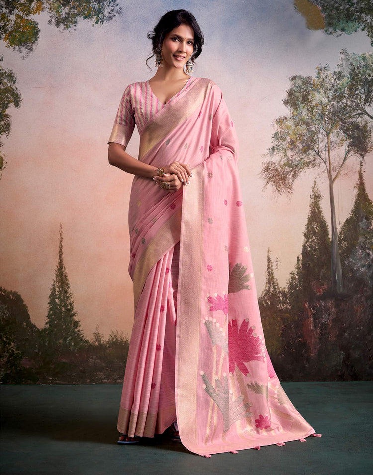 Light Pink Linen Silk Woven Printed Saree